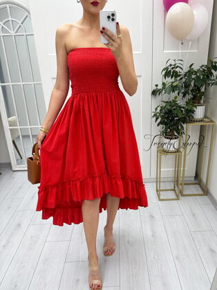 Asymetrické šaty s gumičkovým hrudníkom - červené A1103