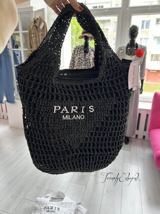 Slamená plážová taška PARIS mešcová - čierna A1195