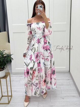 Šifónové kvetinové šaty Teresa - bielo-ružové N865