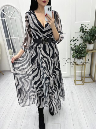 Vzorované šifónové šaty s opaskom - sivo-čierne N2855