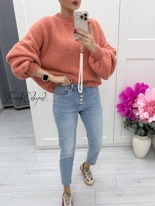 Úpletový sveter s balónovými rukávmi Elijah - korálový C35