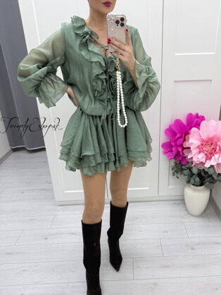 Volánové šaty s viazaním MANOSQUE - zelené C20