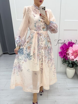 Ružovo-fialové kvetinové šaty s kamienkami a ozdobnými gombíkmi C108