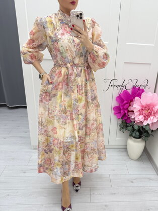 Viacfarebné ľanovo-bavlnené šaty s kvetmi a štrasovýmí kamienkami C110