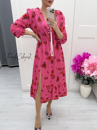 Cyklamenové kvetinové šaty s gombíkmi vo výstrihu C123