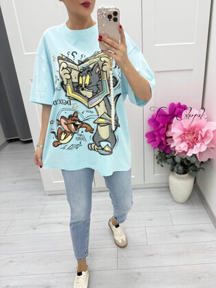 Dlhšie oversize tričko TOM a JERRY - svetlomodré C82