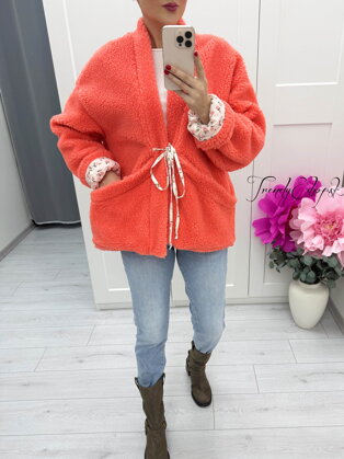 Oranžový teddy kabátik s kvetinovou podšívkou C293