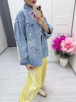 Modrá vrchná rifľová košeľa so srdiečkami C248