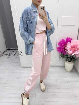 Ružové tepláky s bielymi pruhmi a so sťahovaním C213