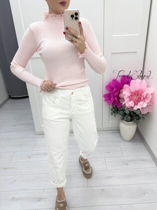 Rebrovaný nátelník so stojačikom a krajkovým lemovaním - svetloružový C256