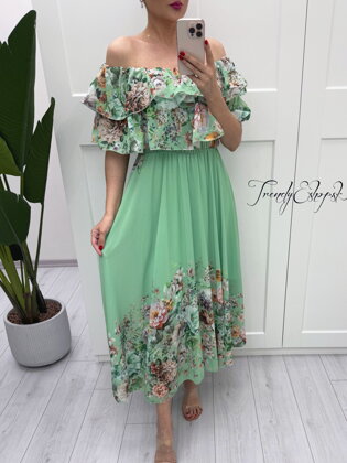 Šifónové šaty s gumičkovým výstrihom Flower - zelené B1029