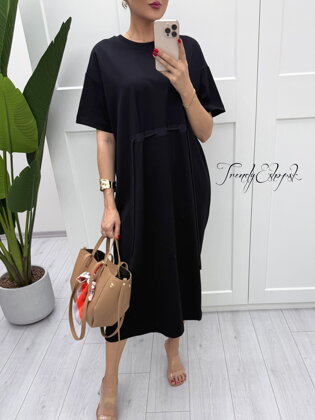 OVERSIZE teplákové šaty so šnúrkami - čierne B880