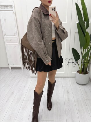 Vzorovaná bundička s menčestrovým golierom - hnedo-béžová B1747