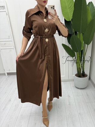 Saténové košeľové šaty s BROŠŇAMI - čokoládové B2129 Saténové košeľové šaty s BROŠŇAMI - čokoládové B2129