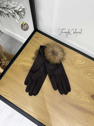 Rukavice s brmbolcom z pravej kožušiny - coffee B2320