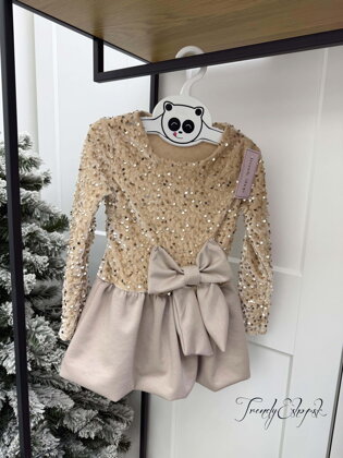 Detské šaty s flitrami a balónovou sukničkou - béžové B2302