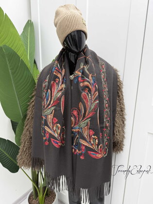 Šál s vyšívaním a strapcami - tmavohnedý B2491