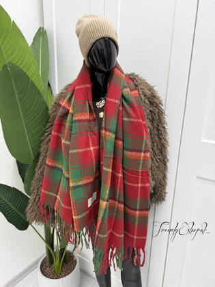 Károvaný šál so strapcami - červeno-zelený B2487