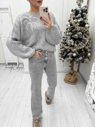 Zvonové rifle so zlatými gombíkmi MISS BON - sivé B2365