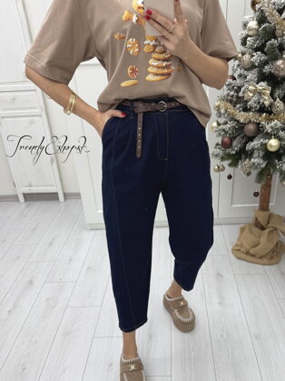 Moderné dámske džínsy s opaskom - tmavomodré B2376