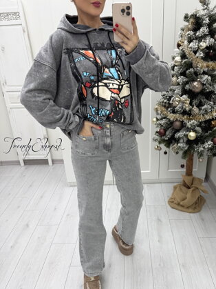 Oversize mikina s kapucňou a štýlovou potlačou MAKEY - svetlosivo-oranžový B2387