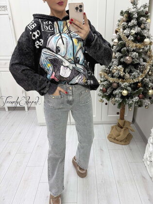 Oversize mikina s kapucňou a štýlovou potlačou BUNNY 63- tmavosivo-modrý B2382