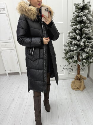 Dlhá bunda s pravou kožušinou TESSA - čierna B2243