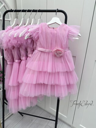 Detské tylové šaty s 3D ružou - svetloružové A733