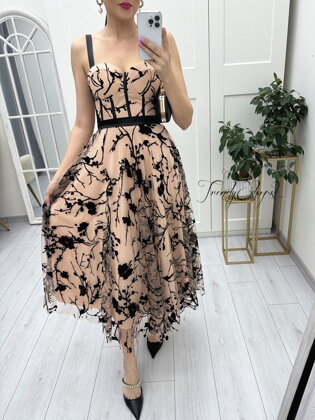 Spoločenské kvetinové šaty s tylovou sukňou - béžovo-čierne A51