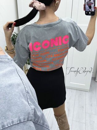 Bavlnené tričko s neónovým nápisom ICONIC - sivé A481