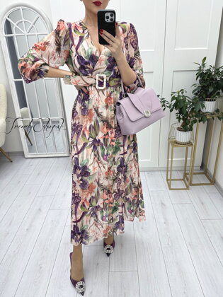 Šifónové kvetinové šaty s plisovanou sukňou - béžovo-fialové A409