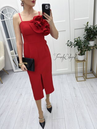 Elegantné šaty na ramienka s 3D kvetom - červené A387