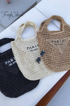 Slamená plážová taška PARIS mešcová - čierna A1195