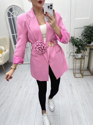 Dlhšie elegantné sako s gumičkovým opaskom - ružové A644