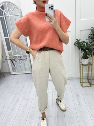 Rebrovaný sveter s krátkymi rukávmi Claire - oranžový A158