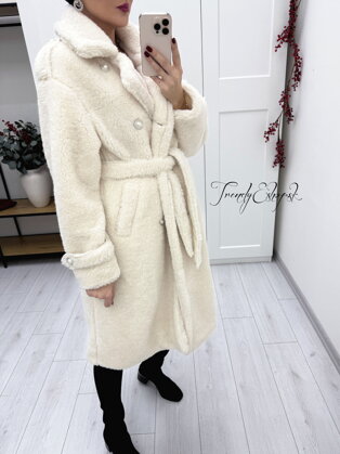 Dlhší Teddy kabát s opaskom Bella - maslový A2813