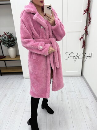 Dlhší Teddy kabát s opaskom Bella - ružový A2812