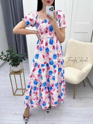 Dlhé kvetinové šaty s gumičkovým hrudníkom Kamila - ružovo-modré N523