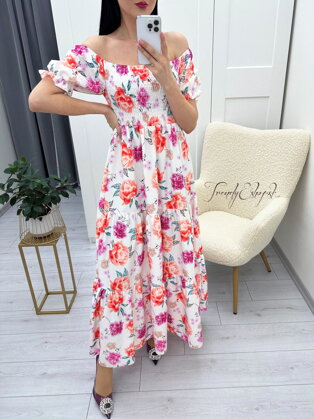 Dlhé kvetinové šaty s gumičkovým hrudníkom Kamila - bielo-oranžové N525