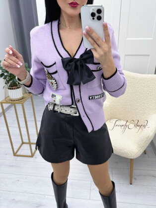 Elegantný sveter s čiernou mašľou Eternity - fialový N22