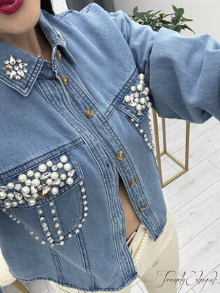 Krátka rifľová košeľa so zdobenými vreckami Pearl Jeane – modrá N17