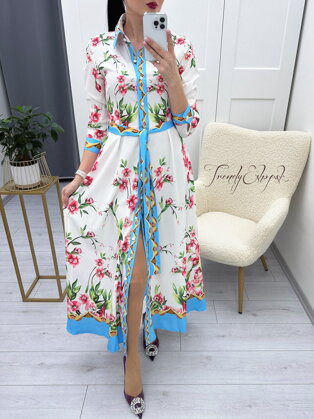 Dlhé kvetinové šaty na gombíky Zoe - bielo-tyrkysové N271