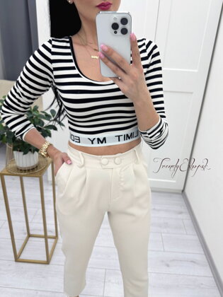 Pruhovaný crop top s gumičkou LIMIT - maslovo-čierny N600