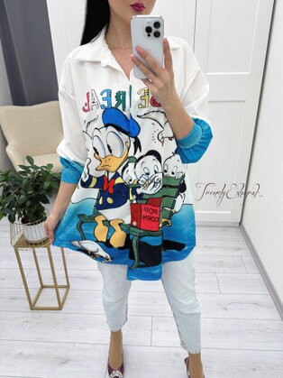Jemná OVERSIZE košeľa Duck - bielo-tyrkysová N678
