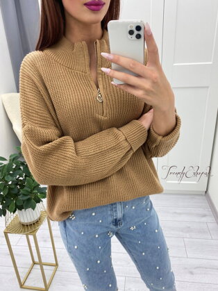 OVERSIZE sveter so zipsom Damiell - hnedý S3908