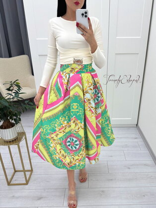 Elegantná skladaná sukňa v midi dĺžke - zeleno-ružová N882