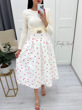Elegantná skladaná sukňa v midi dĺžke Srdiečka - bielo-červená N883