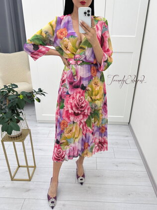 Kvetinové šaty s plisovanou sukňou Celeste - ružovo-fialové N1222