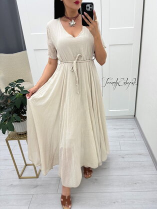 Dlhé šaty s látkovým opaskom Sylvie - béžové N1387