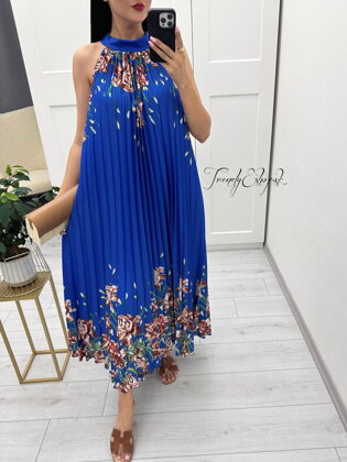 Midi kvetinové plisované šaty Esther - modré N1575